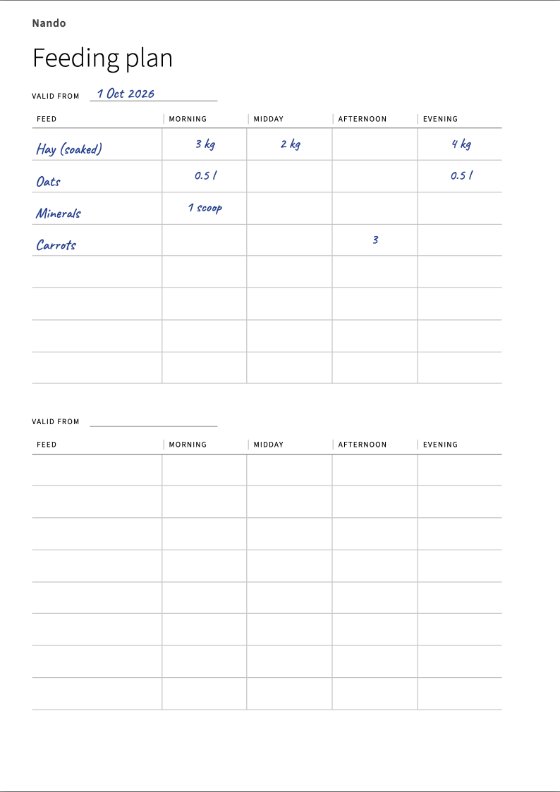 The filled-in feeding plan: valid from 1 Oct 2026, hay, oats, minerals and carrots by meal