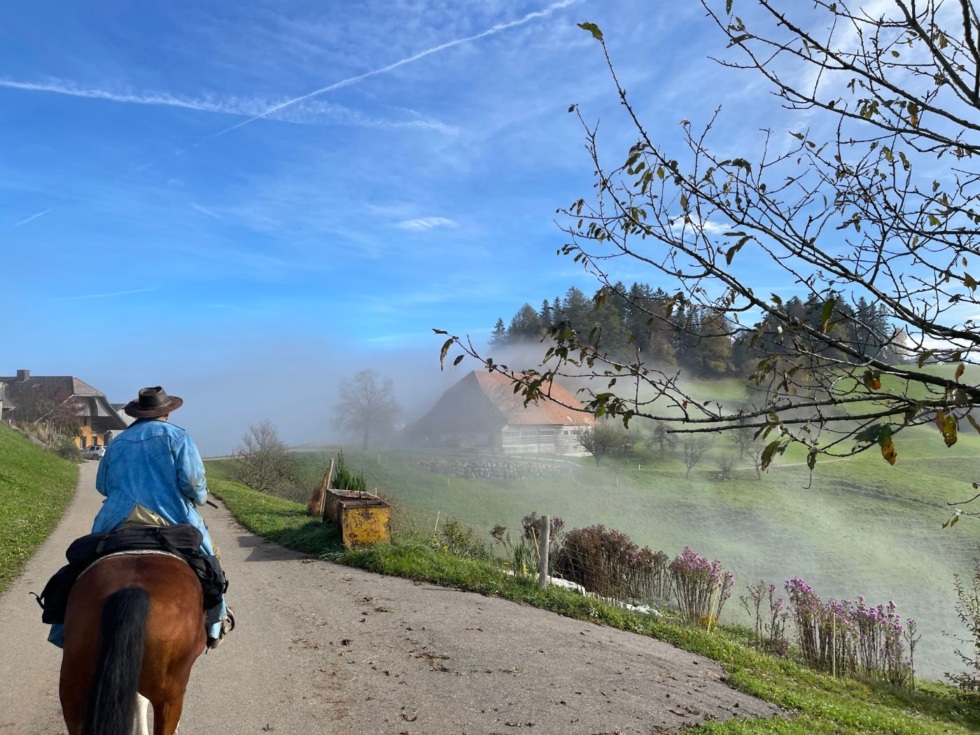 Ein Ausritt, von hinten gesehen: Jemand mit Hut reitet auf einem Fuchs einen Feldweg hinauf, vorne ein Bauernhaus im Herbstnebel, darüber blauer Himmel