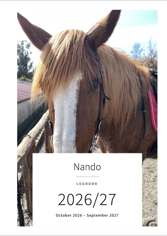 Cover: the photo of a chestnut with a blaze, on it a white panel with ‘Nando’, ‘Logbook’, ‘2026/27’