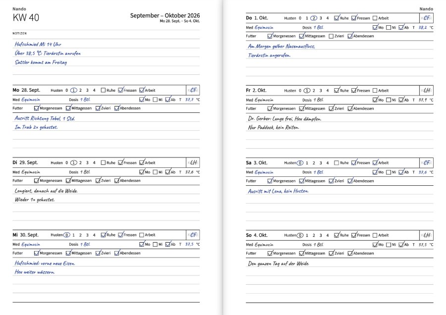 Eine ausgefüllte Wochen-Doppelseite: bei jedem Tag die Husten-Skala, Ruhe, Fressen und Arbeit, das Medikament, die Temperatur, die Mahlzeiten und ein Kürzel